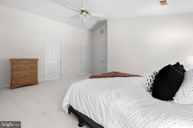 10911 Jarvis Ct, Fredericksburg, VA 22407 - bedroom with light carpet, a ceiling fan, and high vaulted ceiling