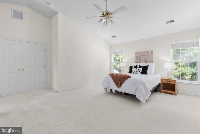 10911 Jarvis Ct, Fredericksburg, VA 22407 - bedroom featuring carpet floors, multiple windows, a ceiling fan, a closet, and high vaulted ceiling