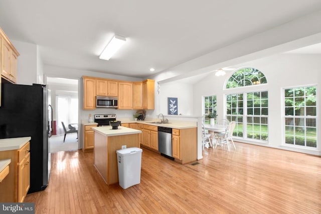 10911 Jarvis Ct, Fredericksburg, VA 22407 - kitchen featuring appliances with stainless steel finishes, a peninsula, light countertops, light brown cabinetry, and light wood-style floors