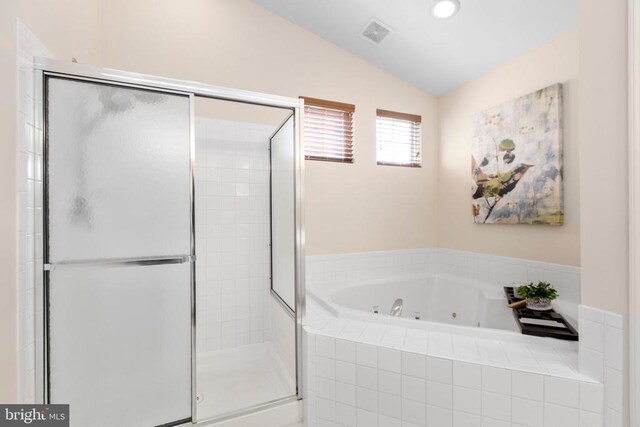 10911 Jarvis Ct, Fredericksburg, VA 22407 - bathroom with lofted ceiling, a shower stall, a tub with jets, and recessed lighting