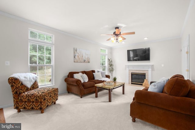 10911 Jarvis Ct, Fredericksburg, VA 22407 - living room with ornamental molding, a fireplace, light colored carpet, and a ceiling fan