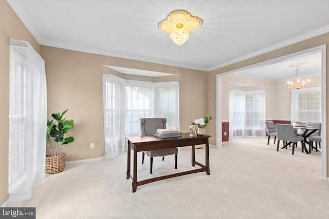 10911 Jarvis Ct, Fredericksburg, VA 22407 - home office featuring a chandelier, crown molding, and carpet floors