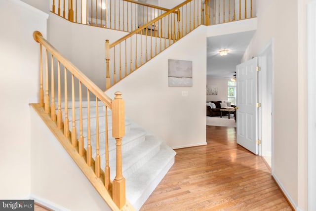 10911 Jarvis Ct, Fredericksburg, VA 22407 - stairway featuring wood finished floors, a high ceiling, and ceiling fan