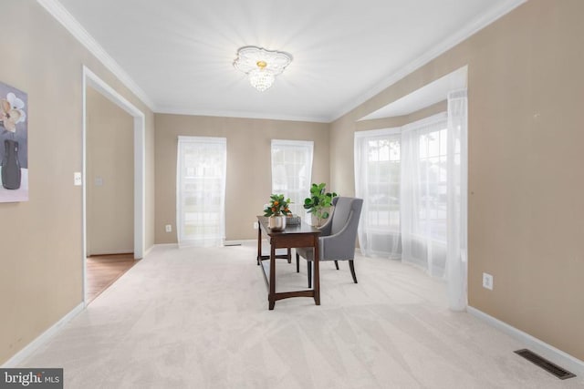 10911 Jarvis Ct, Fredericksburg, VA 22407 - carpeted dining area with ornamental molding and a chandelier