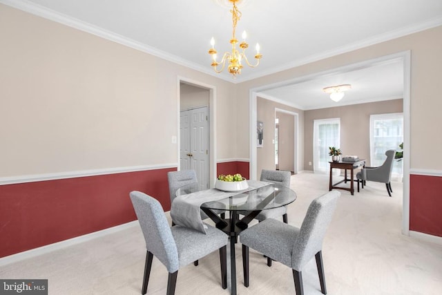 10911 Jarvis Ct, Fredericksburg, VA 22407 - dining area featuring a chandelier, light colored carpet, and ornamental molding