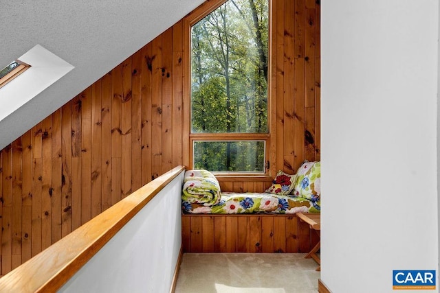 additional living space with wood walls, light carpet, healthy amount of natural light, and a skylight