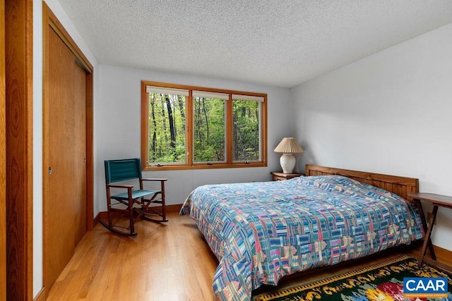 bedroom featuring wood finished floors, a textured ceiling, a closet, and baseboards