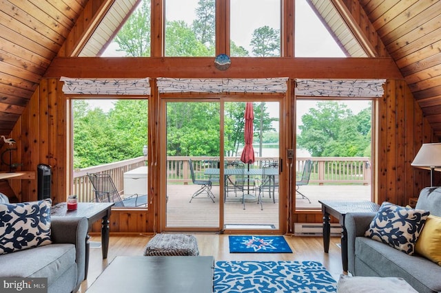 3477 Elk Creek Rd, Mineral, VA 23117 - living area featuring lofted ceiling, a baseboard heating unit, plenty of natural light, wooden ceiling, and light wood-type flooring