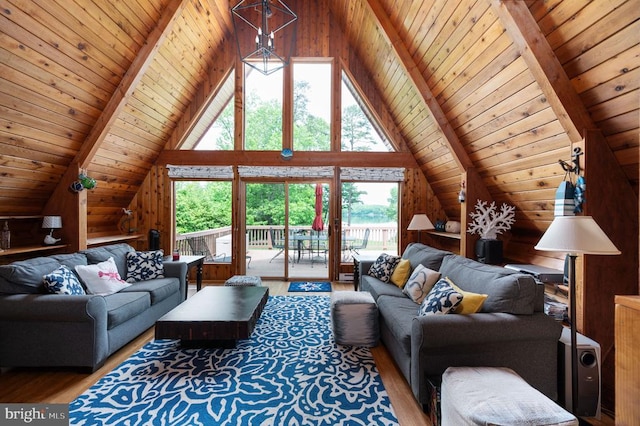 3477 Elk Creek Rd, Mineral, VA 23117 - living area featuring wooden ceiling, wood finished floors, lofted ceiling, and wooden walls