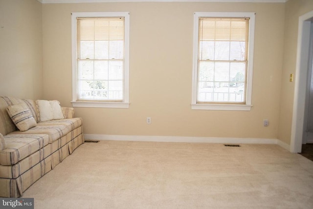 sitting room with carpet floors, plenty of natural light, and baseboards