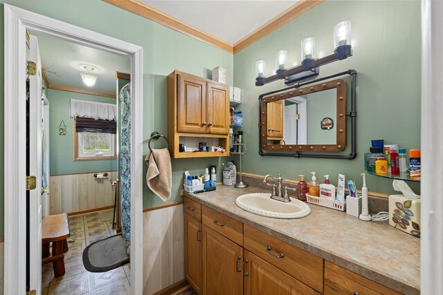 1751 New Hope And Crimora Rd, Crimora, VA 24431 - bathroom with ornamental molding, vanity, and wainscoting