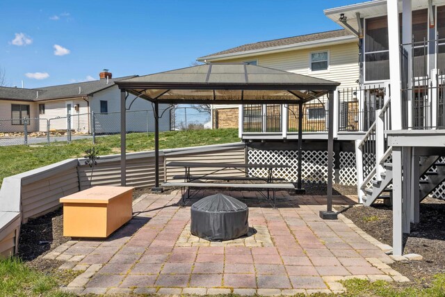 1751 New Hope And Crimora Rd, Crimora, VA 24431 - view of patio / terrace featuring a fire pit, fence, stairway, and a gazebo