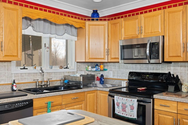 1751 New Hope And Crimora Rd, Crimora, VA 24431 - kitchen with a sink, stainless steel appliances, light countertops, tasteful backsplash, and ornamental molding
