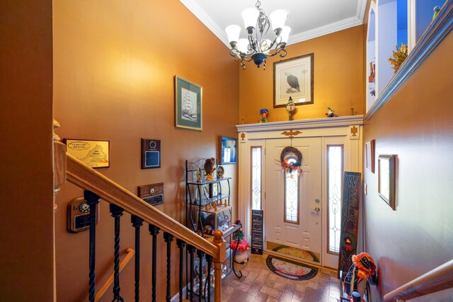 1751 New Hope And Crimora Rd, Crimora, VA 24431 - entryway with stairs, an inviting chandelier, crown molding, and a towering ceiling