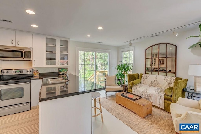 kitchen with appliances with stainless steel finishes, open floor plan, dark countertops, a kitchen bar, and a sink