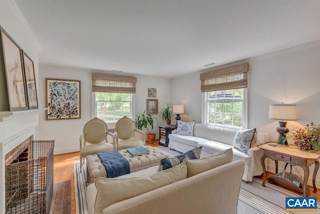 living room with ornamental molding, wood finished floors, a fireplace, and baseboards