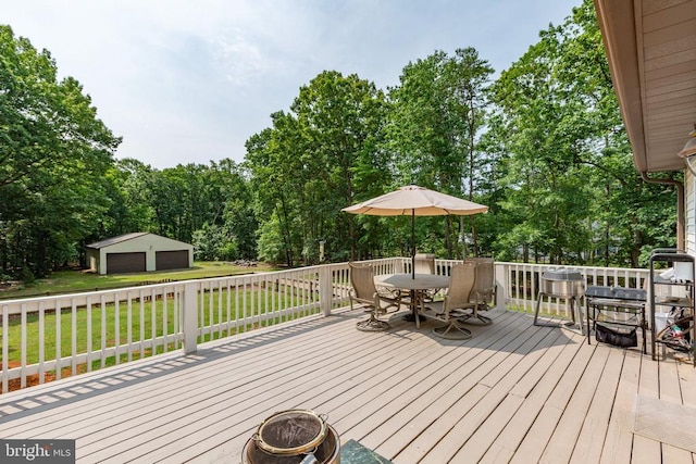 11428 Orange Plank Rd, Locust Grove, VA 22508 - deck with outdoor dining area, an outbuilding, and a lawn