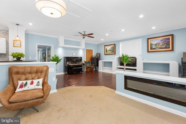 11428 Orange Plank Rd, Locust Grove, VA 22508 - living area with crown molding, recessed lighting, wood finished floors, and a ceiling fan