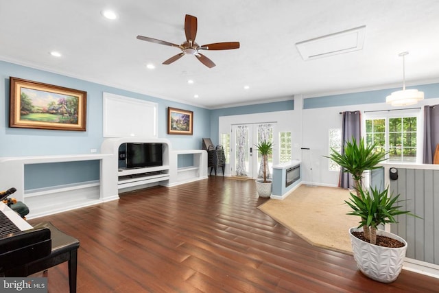 11428 Orange Plank Rd, Locust Grove, VA 22508 - living room featuring ornamental molding, plenty of natural light, wood finished floors, recessed lighting, and ceiling fan
