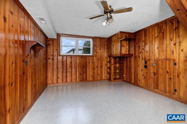 492 Avon Rd, Afton, VA 22920 - empty room featuring baseboards, visible vents, wood walls, and a ceiling fan