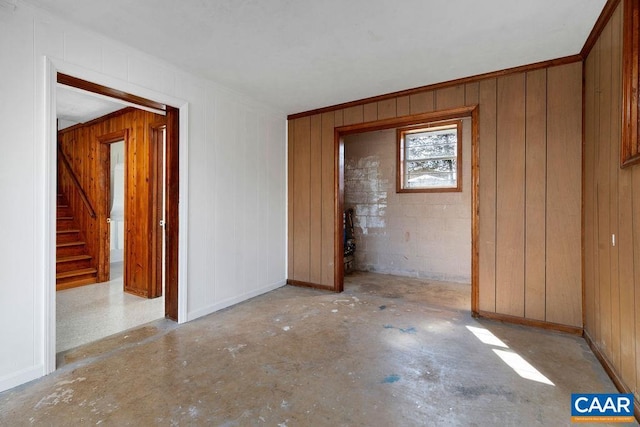 492 Avon Rd, Afton, VA 22920 - empty room featuring stairway, baseboards, and wooden walls