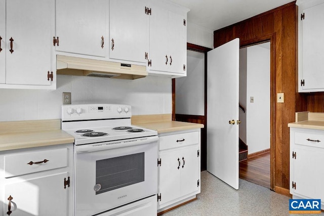 492 Avon Rd, Afton, VA 22920 - kitchen featuring white range with electric stovetop, light countertops, white cabinets, and under cabinet range hood