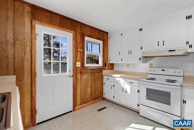 492 Avon Rd, Afton, VA 22920 - kitchen featuring white cabinetry, wood walls, under cabinet range hood, light countertops, and white range with electric stovetop