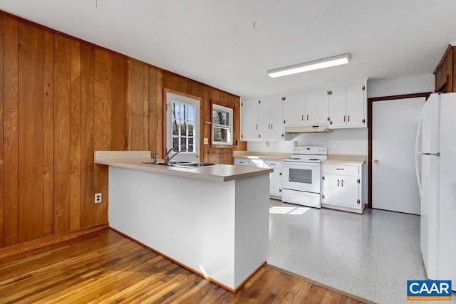 492 Avon Rd, Afton, VA 22920 - kitchen with a sink, white appliances, under cabinet range hood, wooden walls, and light countertops