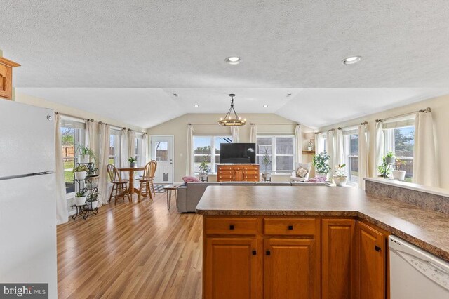 2266 Honeyville Rd, Stanley, VA 22851 - kitchen with white appliances, open floor plan, lofted ceiling, a textured ceiling, and light wood-style flooring