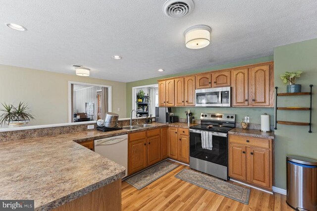 2266 Honeyville Rd, Stanley, VA 22851 - kitchen featuring stainless steel appliances, a sink, light wood-type flooring, a peninsula, and recessed lighting
