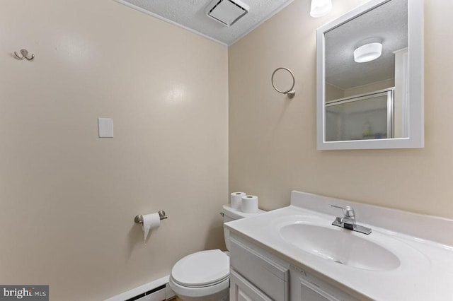 2266 Honeyville Rd, Stanley, VA 22851 - full bathroom with a textured ceiling, vanity, toilet, an enclosed shower, and ornamental molding