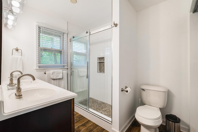 409 Cub Ln, Mcgaheysville, VA 22840 - bathroom featuring a stall shower, wood finished floors, and double vanity