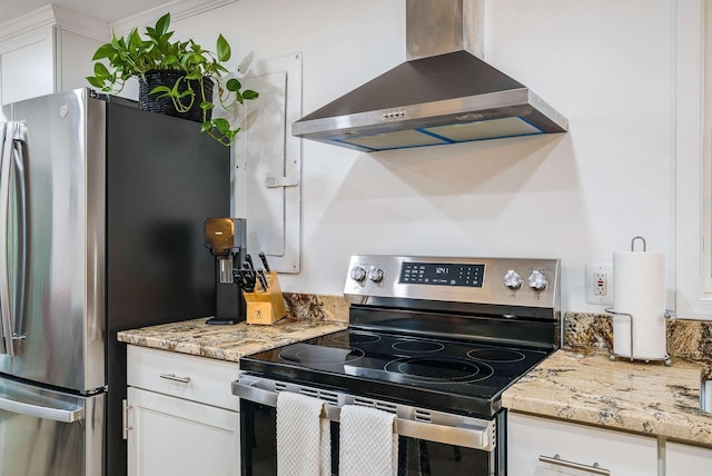 409 Cub Ln, Mcgaheysville, VA 22840 - kitchen featuring appliances with stainless steel finishes, wall chimney exhaust hood, white cabinets, and light stone counters