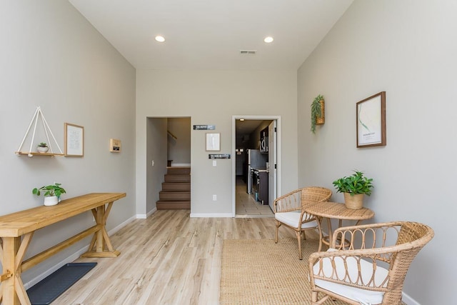 442 First St, Shenandoah, VA 22849 - sitting room featuring stairs, light wood finished floors, baseboards, and recessed lighting
