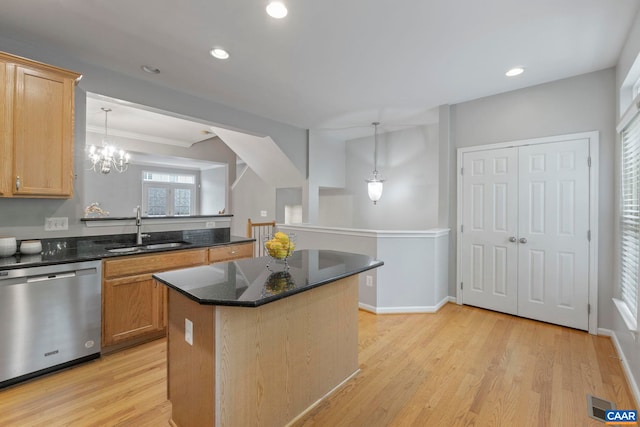 921 Bing Ln, Charlottesville, VA 22903 - kitchen featuring stainless steel dishwasher, a kitchen island, recessed lighting, light wood finished floors, and pendant lighting