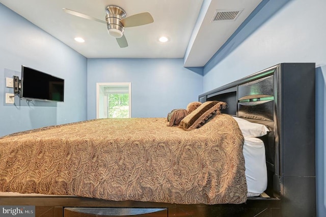 bedroom with a ceiling fan and recessed lighting