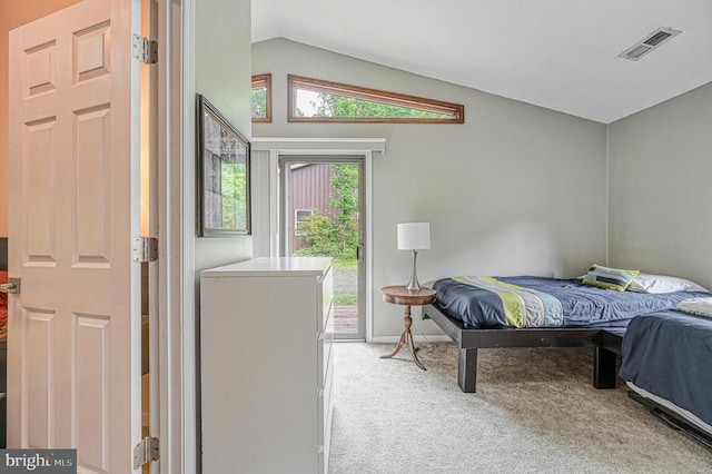 bedroom with lofted ceiling, carpet floors, access to exterior, and baseboards