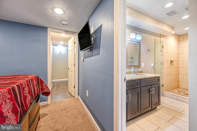full bath featuring tile patterned floors, a shower stall, vanity, baseboards, and recessed lighting