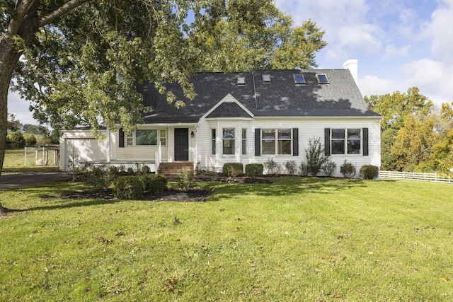 back of house featuring fence, an attached garage, driveway, a yard, and a chimney