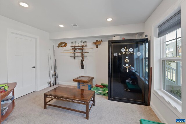 game room with carpet flooring and recessed lighting