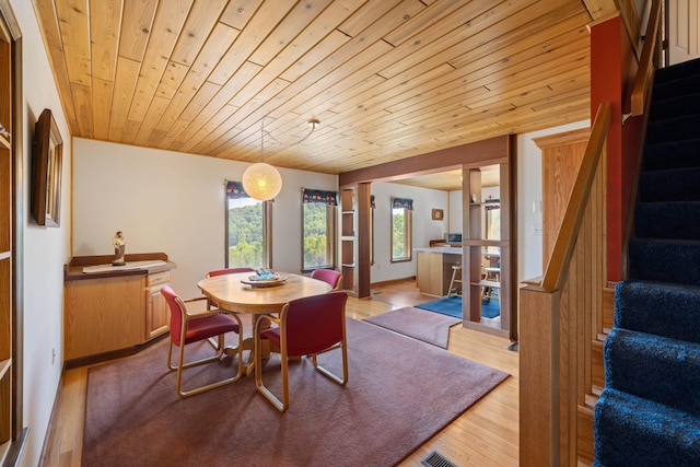 613 Dices Spring Rd, Weyers Cave, VA 24486 - dining area with stairs, wood ceiling, and wood finished floors
