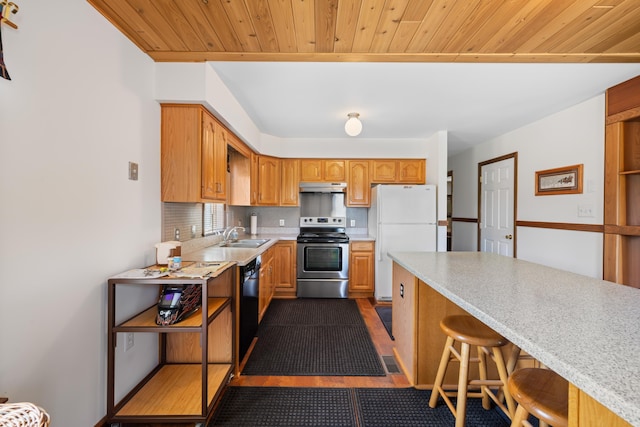 613 Dices Spring Rd, Weyers Cave, VA 24486 - kitchen featuring stainless steel electric range, freestanding refrigerator, under cabinet range hood, light countertops, and wooden ceiling