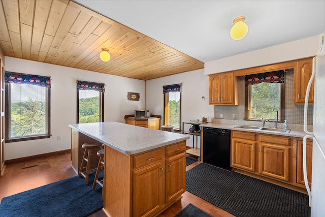 613 Dices Spring Rd, Weyers Cave, VA 24486 - kitchen with dishwasher, a kitchen island, light countertops, decorative backsplash, and wood ceiling