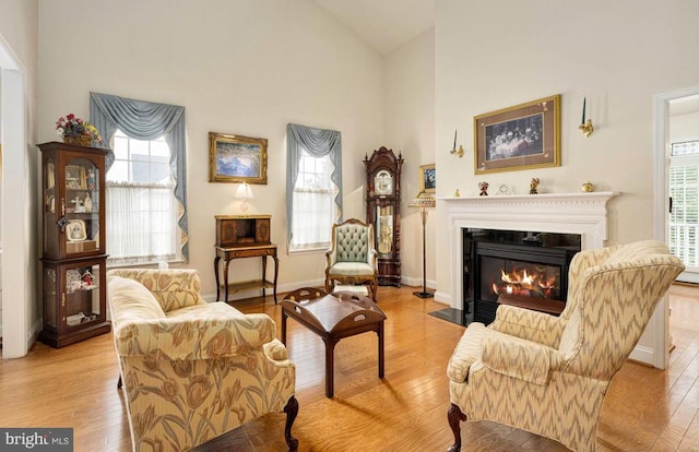 10207 Iverson Ave, Fredericksburg, VA 22407 - sitting room with wood finished floors, healthy amount of natural light, a fireplace with flush hearth, high vaulted ceiling, and baseboards