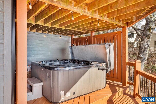 380 Blackrock Cir, Wintergreen Resort, VA 22967 - wooden terrace featuring a hot tub