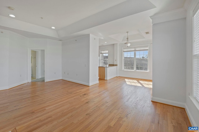 unfurnished living room featuring baseboards, a raised ceiling, light wood-style floors, and a sink