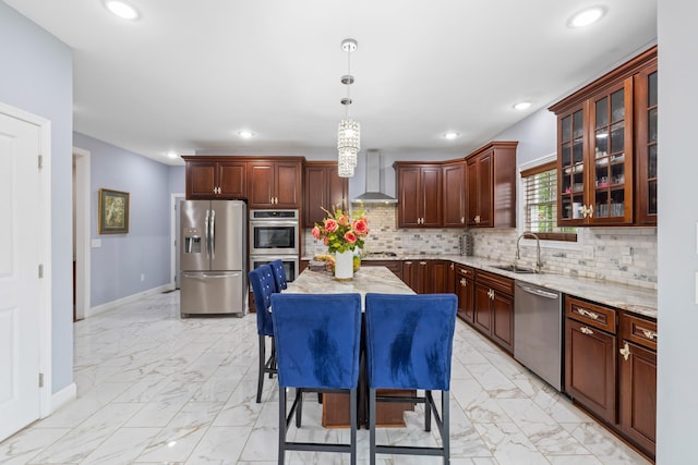 4220 Traveler Rd, Rockingham, VA 22801 - kitchen with stainless steel appliances, wall chimney exhaust hood, a sink, light marble finish floors, and baseboards