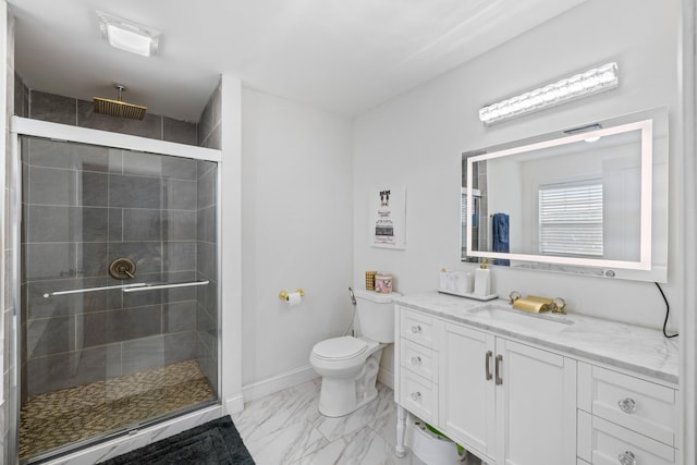 4220 Traveler Rd, Rockingham, VA 22801 - full bathroom with marble look tiles, vanity, a shower stall, toilet, and baseboards