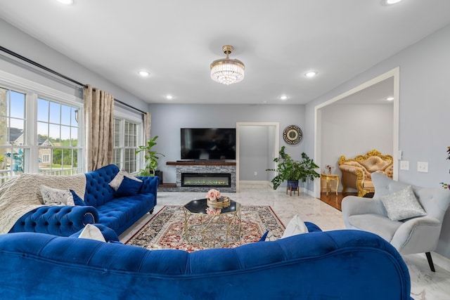 4220 Traveler Rd, Rockingham, VA 22801 - living room with marble finish floors, recessed lighting, baseboards, and a fireplace