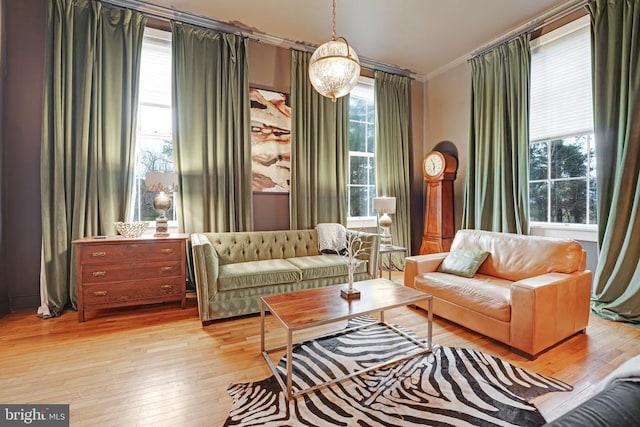  - living area with ornamental molding, hardwood / wood-style floors, and plenty of natural light